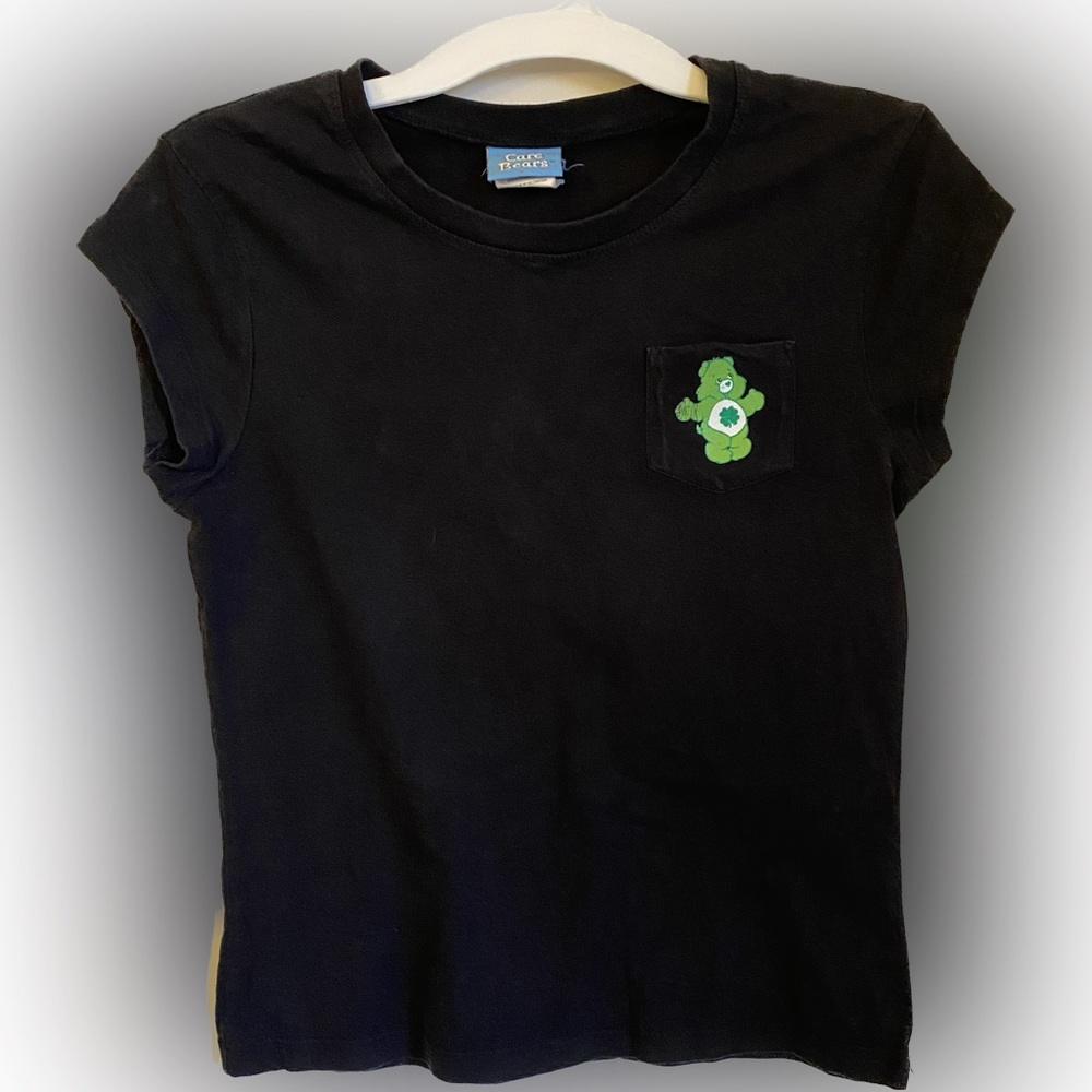 Y2K Care Bears Good Luck Bear Baby Tee Lucky You Clover Print Tiny Pocket 2005